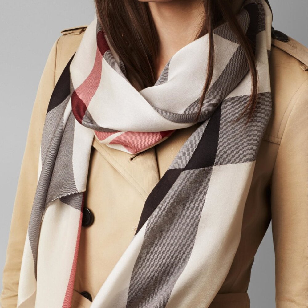 New Burberry Check Print Ivory Silk Satin Scarf